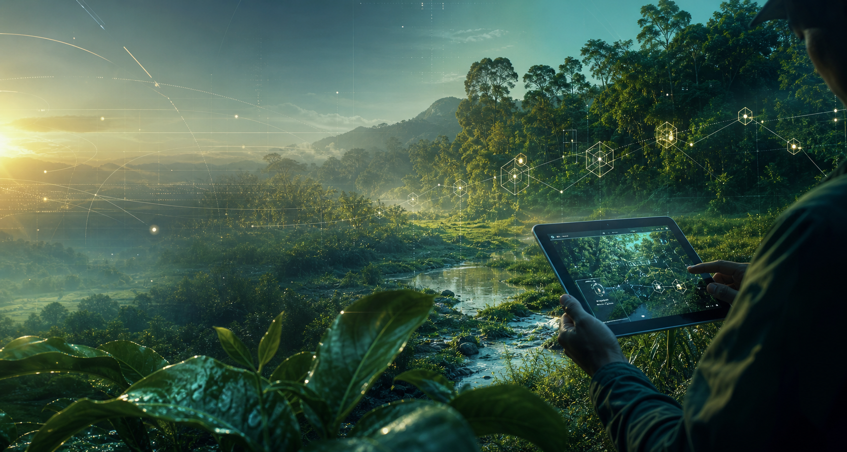 Paisagem ecologica com linhas de prova e blockchain integradas ao campo